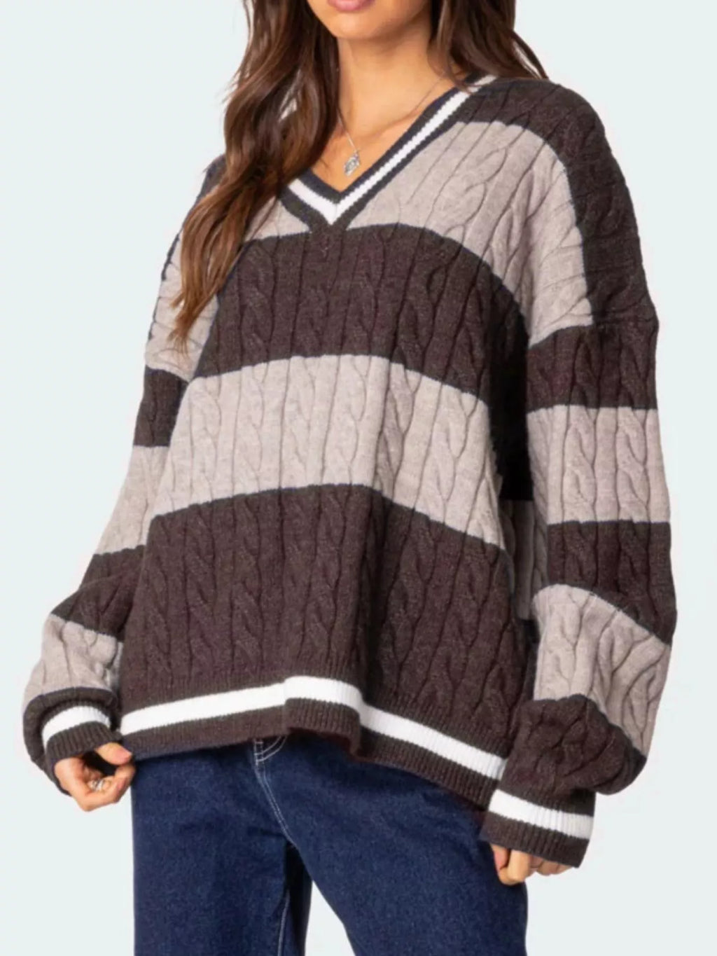 Sarah Express Women's Striped Cable Knit V-Neck Sweater - Oversized Fit