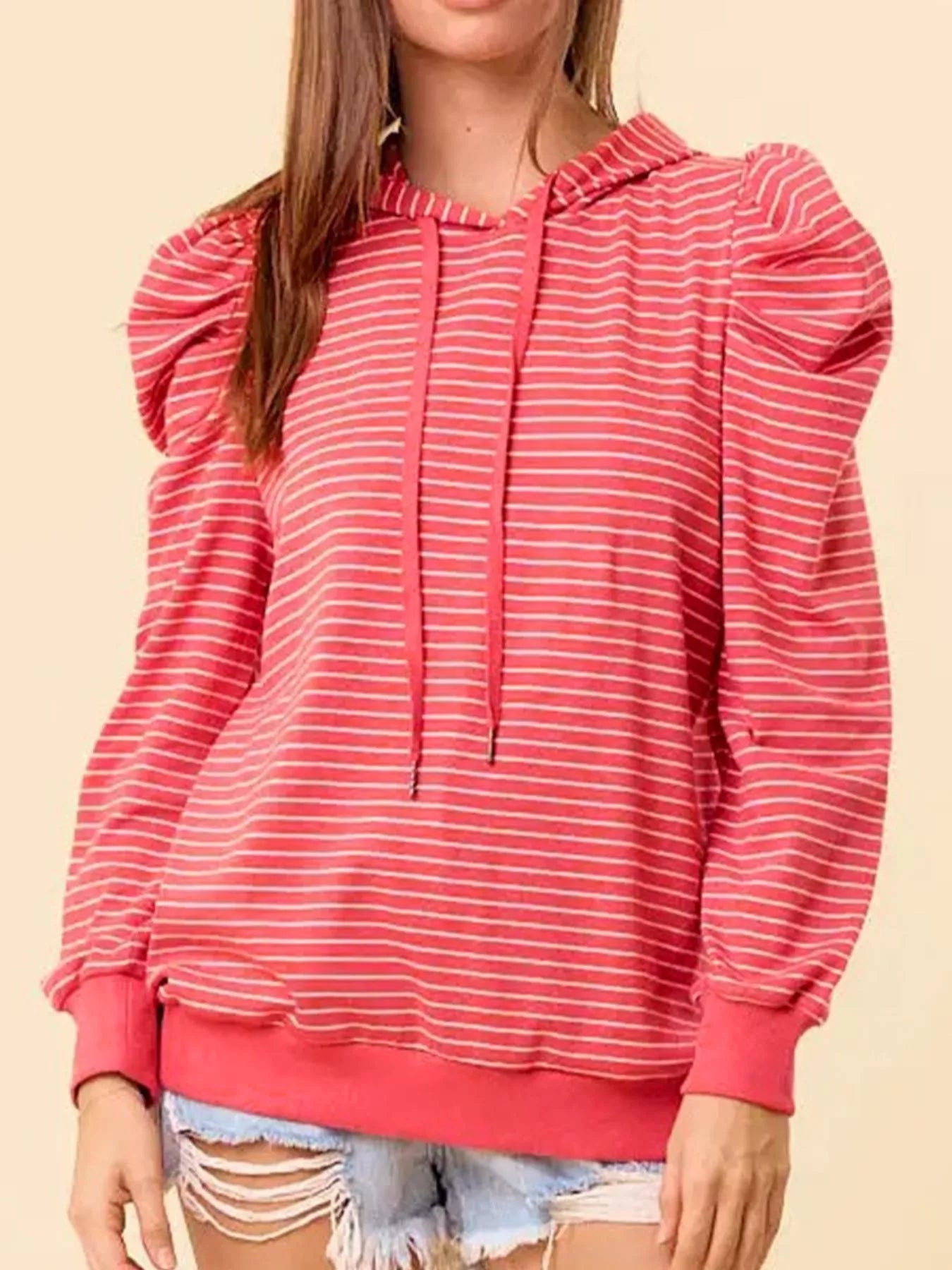 Sarah Express Women's Striped Puff Sleeve Hoodie with Drawstring