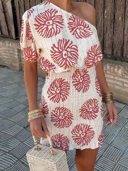 One Shoulder Printed Dress Red Asymmetric A-Line Party Dress