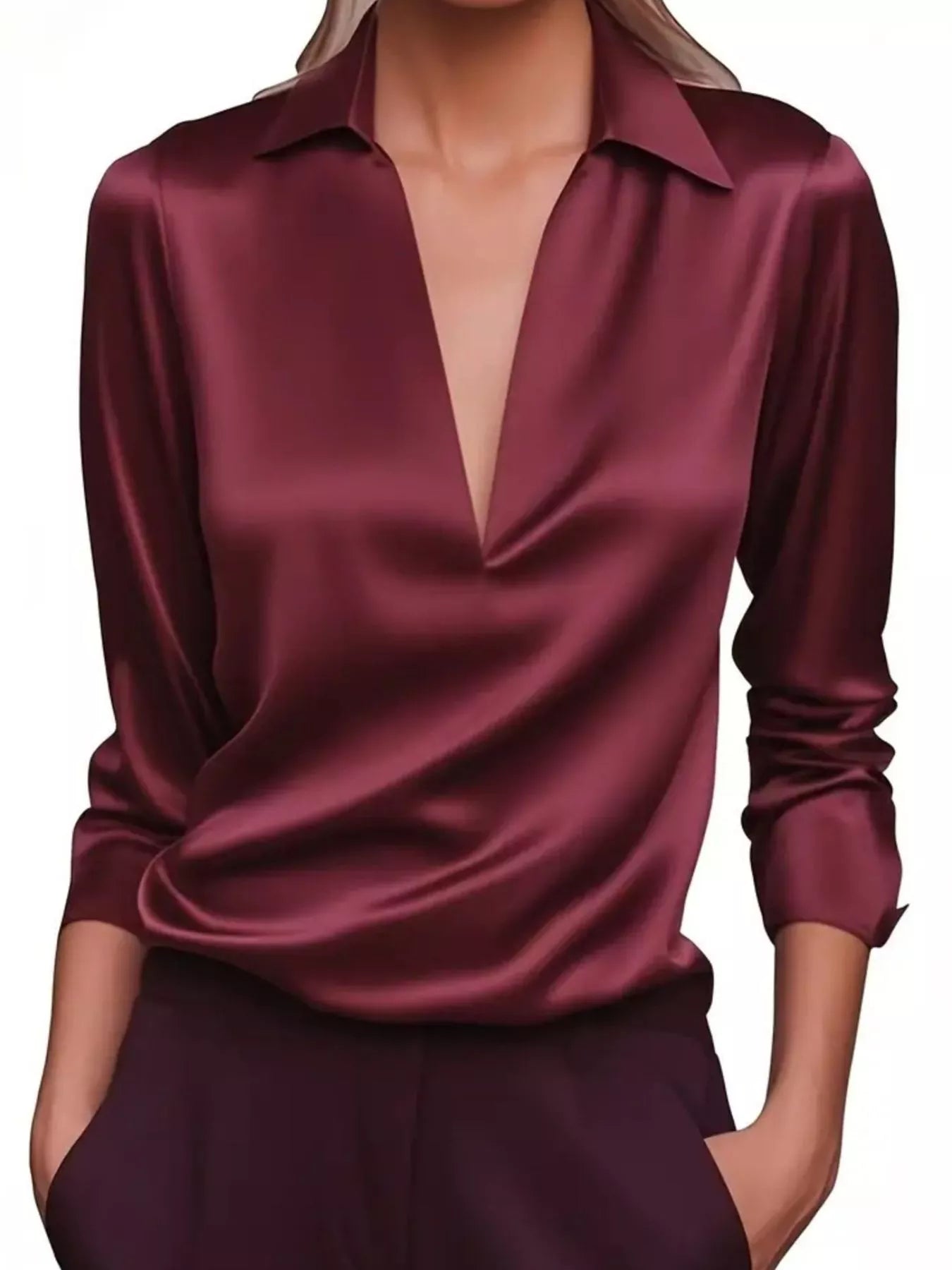 Sarah Express Women's Satin Johnny Collar Long Sleeve Blouse Burgundy