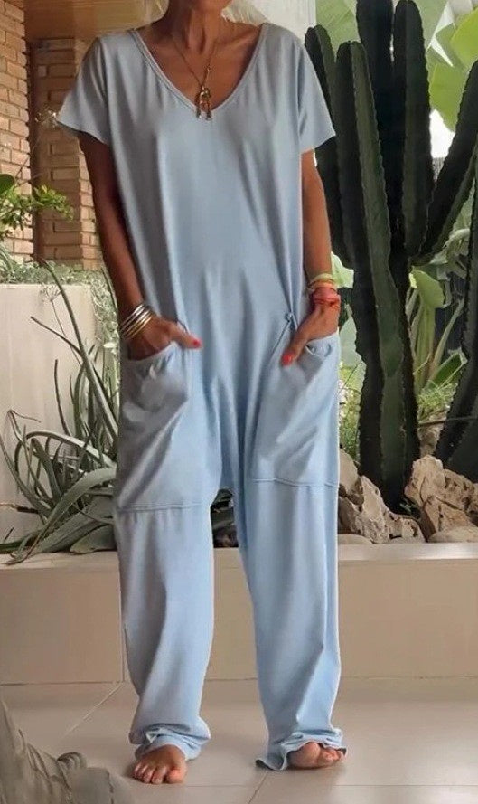 Women's V-Neck Oversized Jumpsuit Quarter Sleeve Pockets Casual Street Style Spring Summer