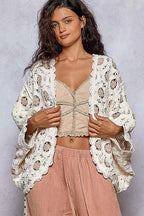 Sarah Express Women’s Openwork Chenille Cardigan with Floral Contrast V-Neck