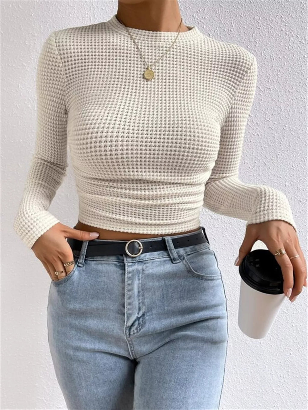 Sarah Express Women's Waffle Knit Long Sleeve T-Shirt - Stretchy Casual Top