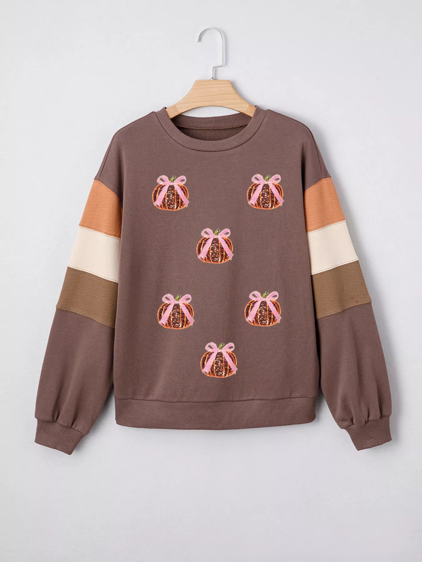 Sarah Express Women's Sequin Bow Pumpkin Round Neck Sweatshirt