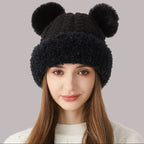 Sarah Express Women's Double Pom-Pom Knitted Winter Hat Fur Ball Dome Crown Windproof