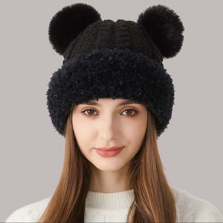 Sarah Express Women's Double Pom-Pom Knitted Winter Hat Fur Ball Dome Crown Windproof