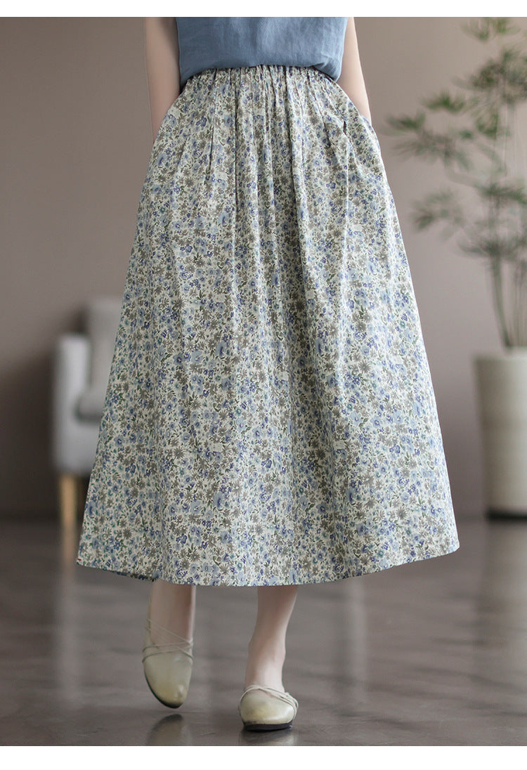 Floral Print Cotton Midi Skirt Elastic Waist Women's