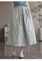 Floral Print Cotton Midi Skirt Elastic Waist Women's