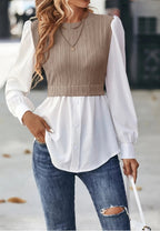 Wavy Stripe Blouse Long Sleeve Stitching Detail Pullover Top