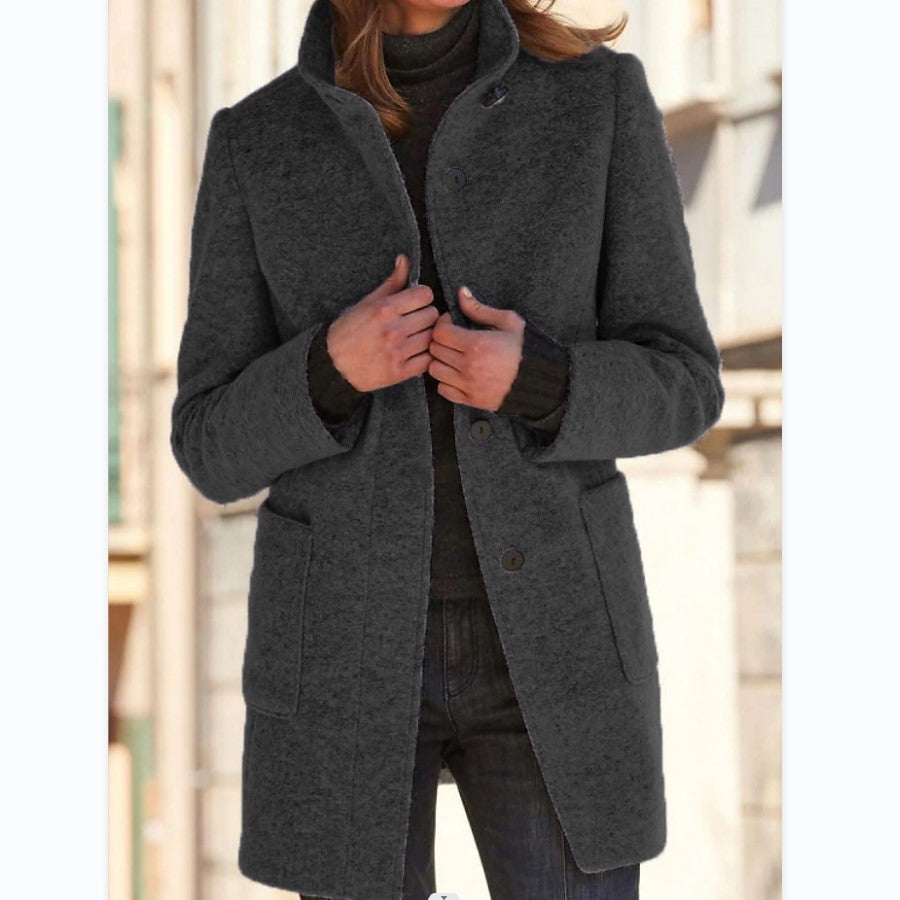 Women's Stand Collar Woolen Coat Button Front Outerwear