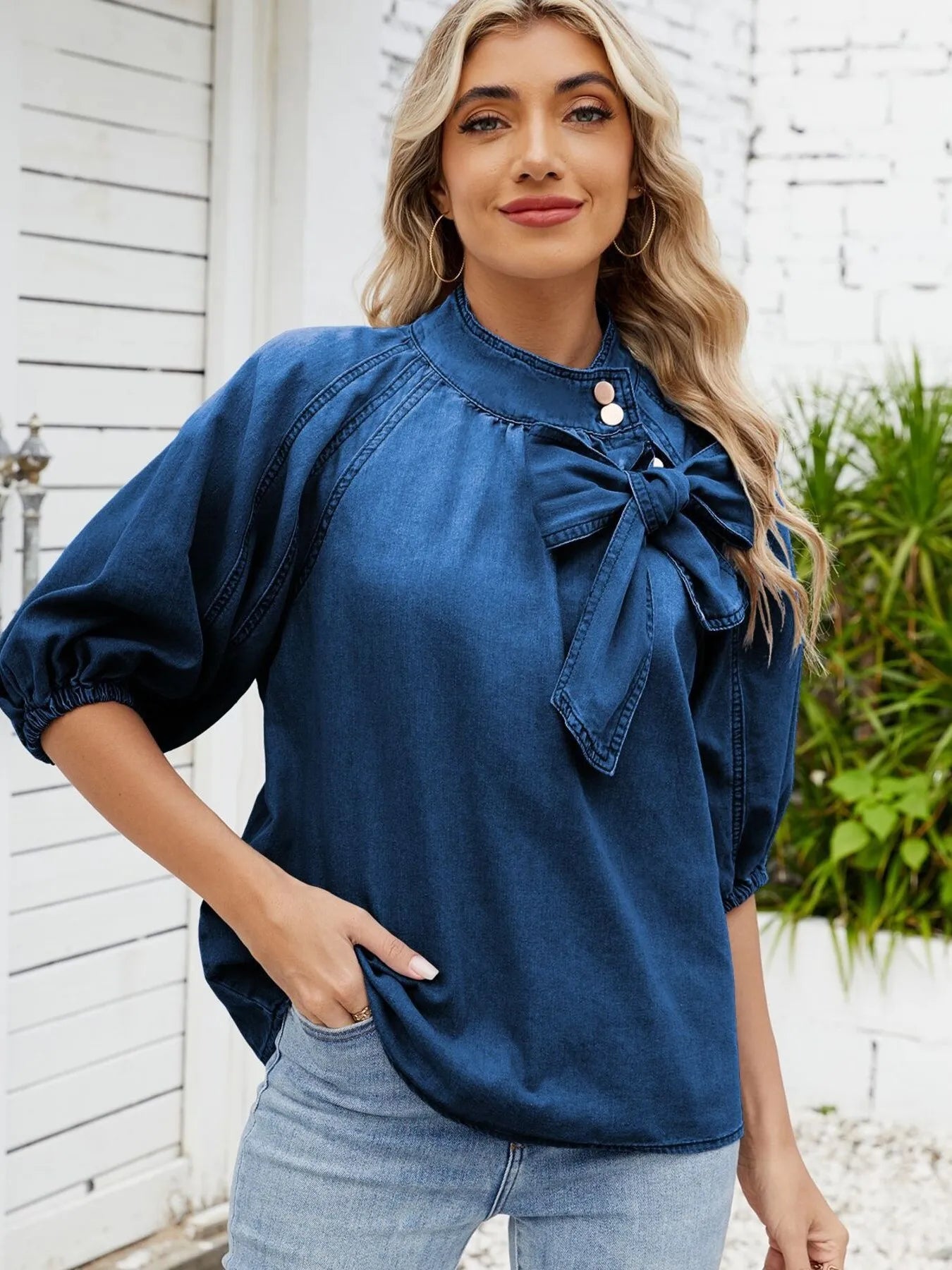 Sarah Express Women's Denim Bow Tie Puff Sleeve Button-Up Top