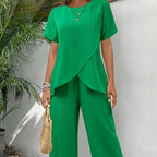 Solid Color 2 Piece Set Crew Neck Short Sleeve Top Long Pants Polyester