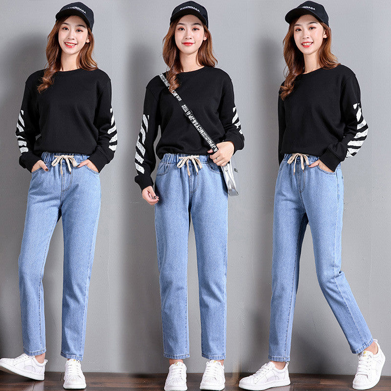 Women's High Waist Straight Leg Cropped Denim Jeans Elastic Waist