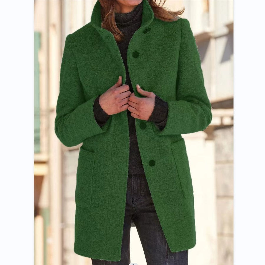 Women's Stand Collar Woolen Coat Button Front Outerwear