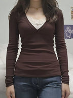 Sarah Express Women's Long Sleeve T-Shirt with Lace Detail