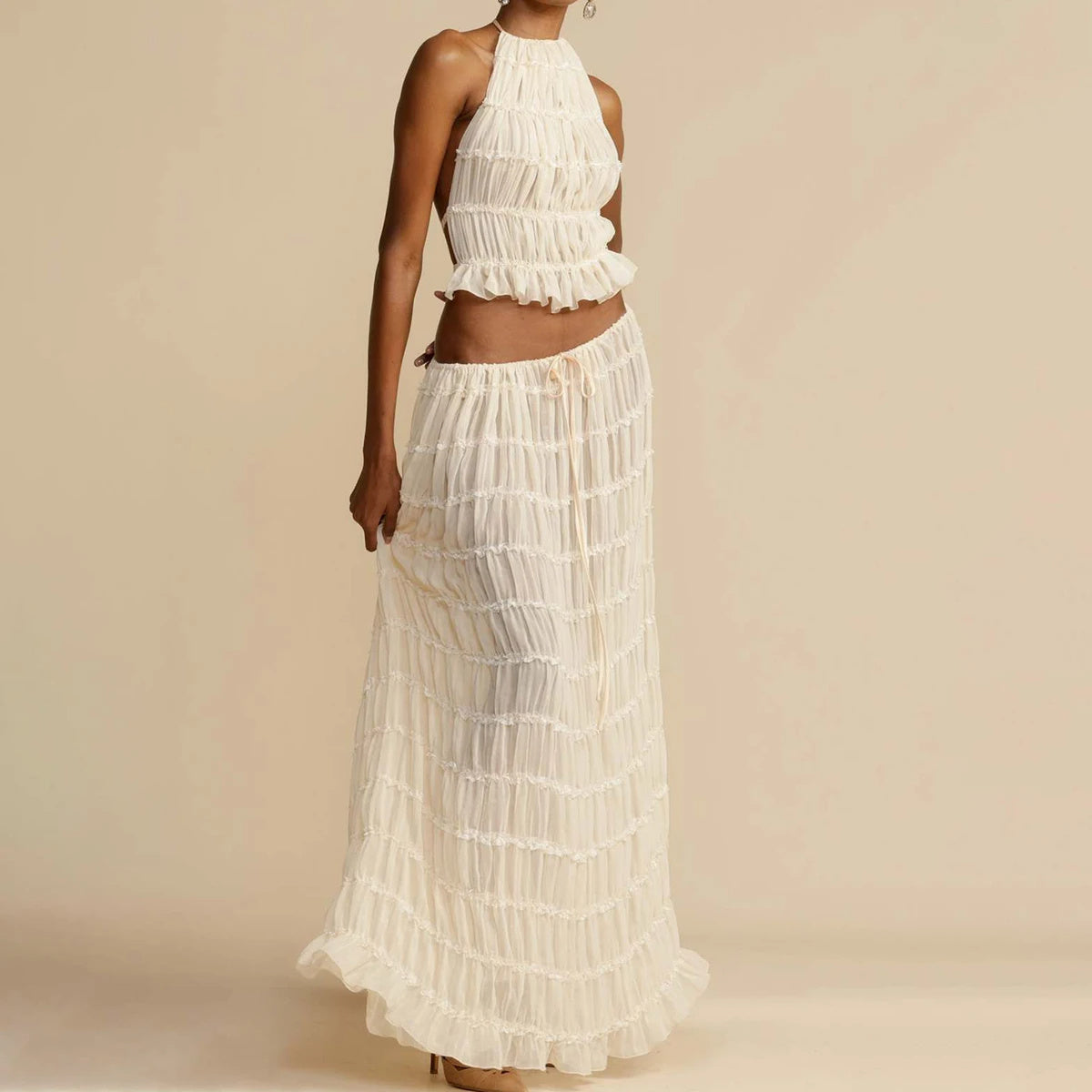 Women's Two-Piece Halter Top Pleated Maxi Skirt Set Backless Cropped Beach Outfit