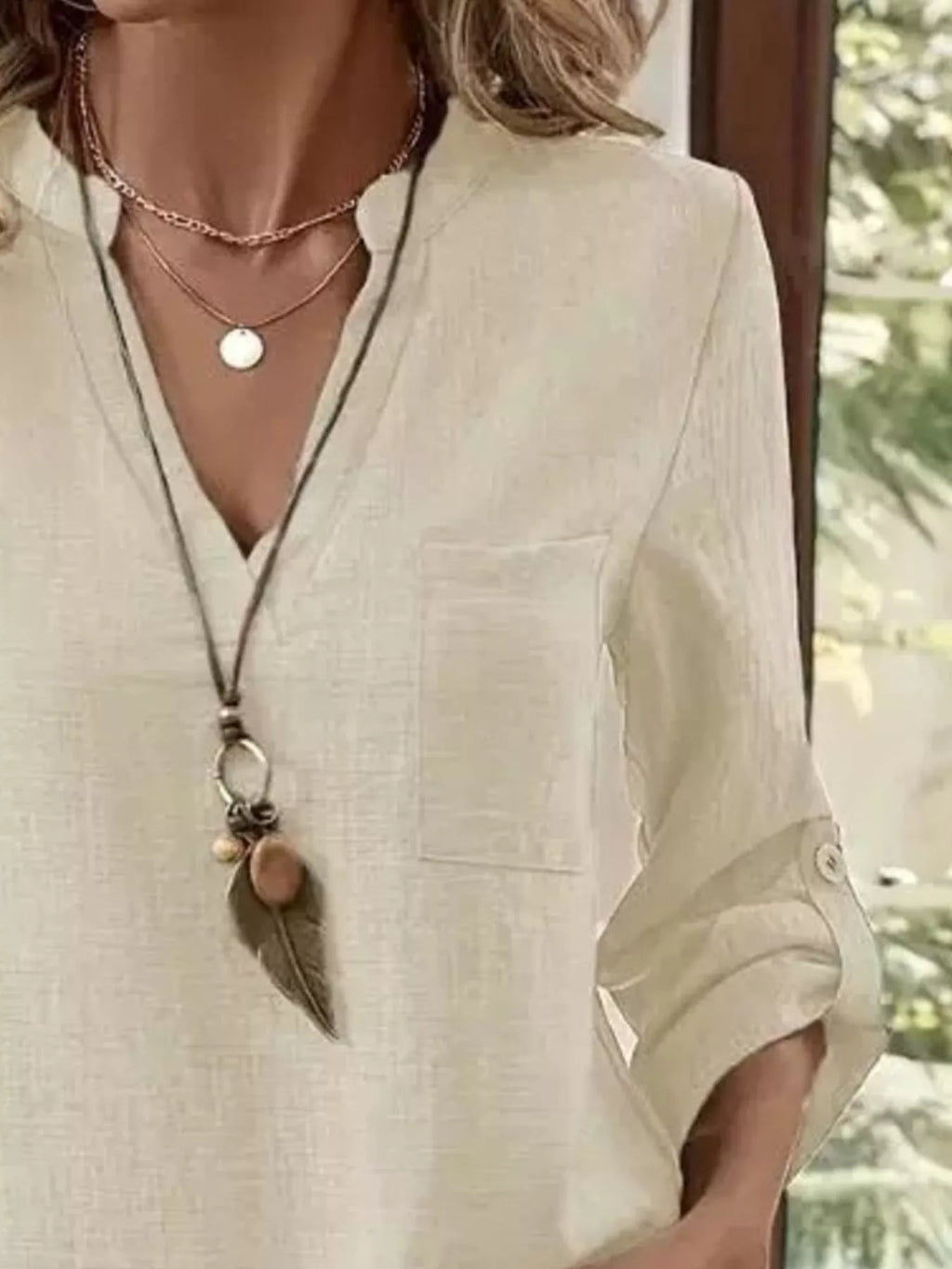 Sarah Express Women's Roll-Up Sleeve Notched Blouse