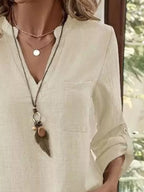 Sarah Express Women's Roll-Up Sleeve Notched Blouse