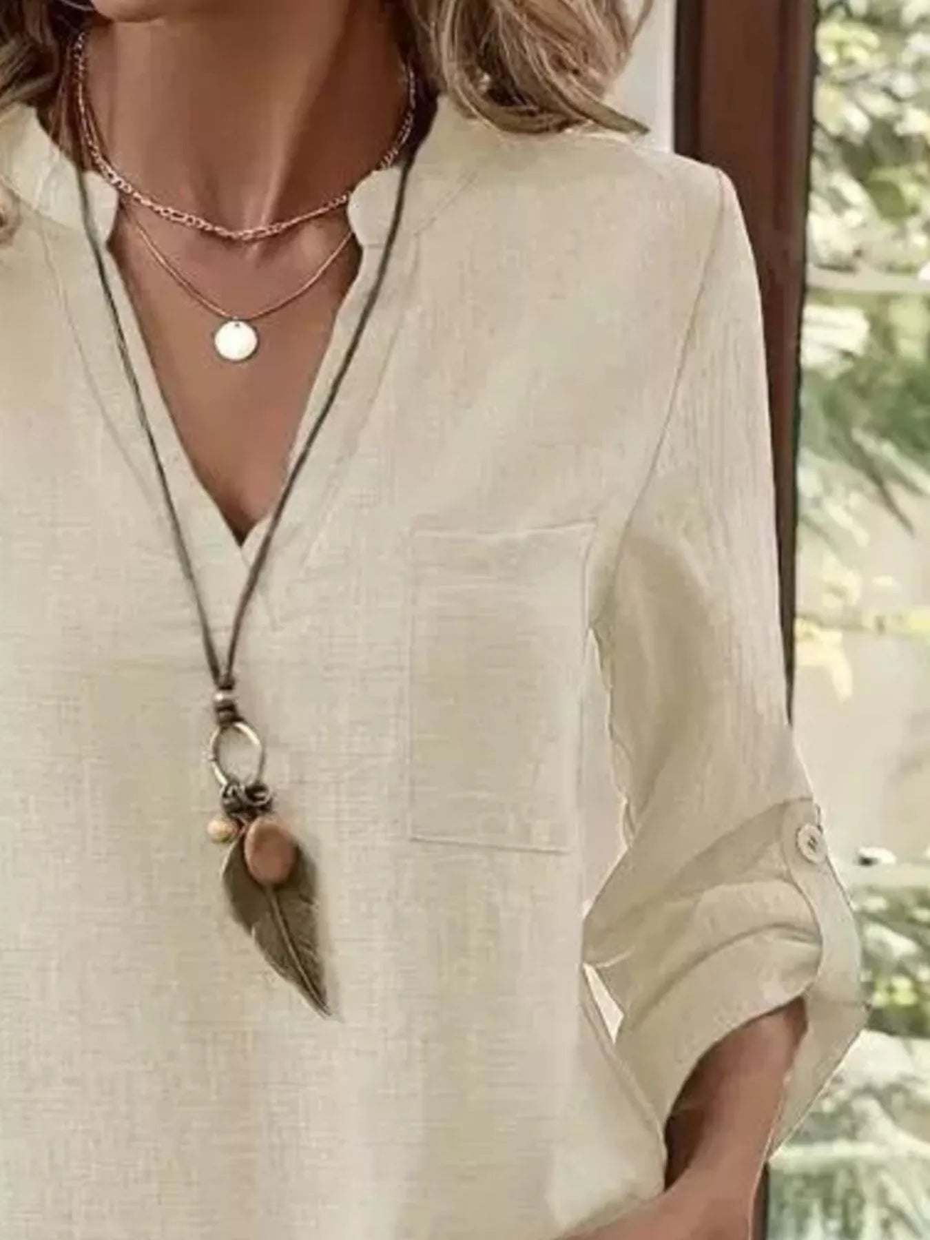 Sarah Express Women's Roll-Up Sleeve Notched Blouse