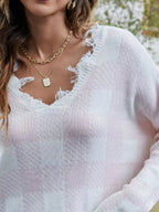 Sarah Express Women's Frayed Hem Long Sleeve Sweater