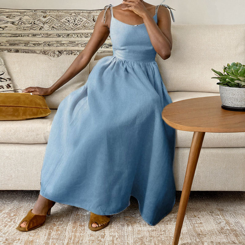 Women's V-Neck Suspender Split Dress - Backless High Waist Long Dress