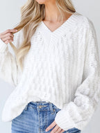 Sarah Express Women's Textured Knit Ribbed Edge V Neck Loose Sweater White