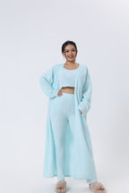 Women's Soft Knit 3 Piece Lounge Set Crop Top Wide Leg Pants Cardigan