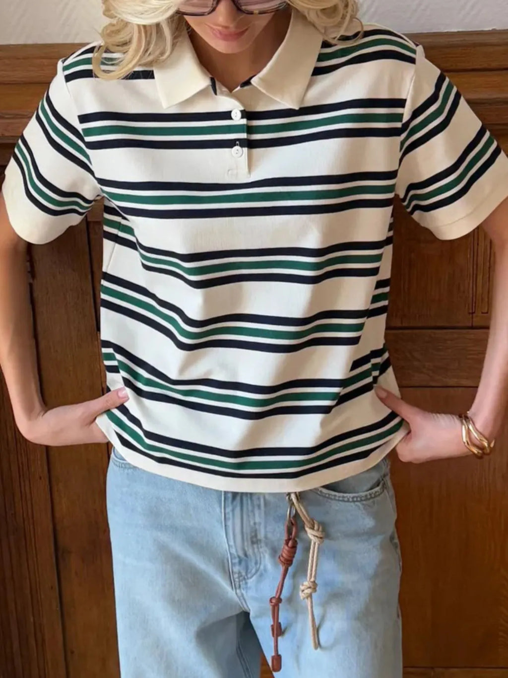 Sarah Express Women's Striped Polo T-Shirt with Contrast Collar