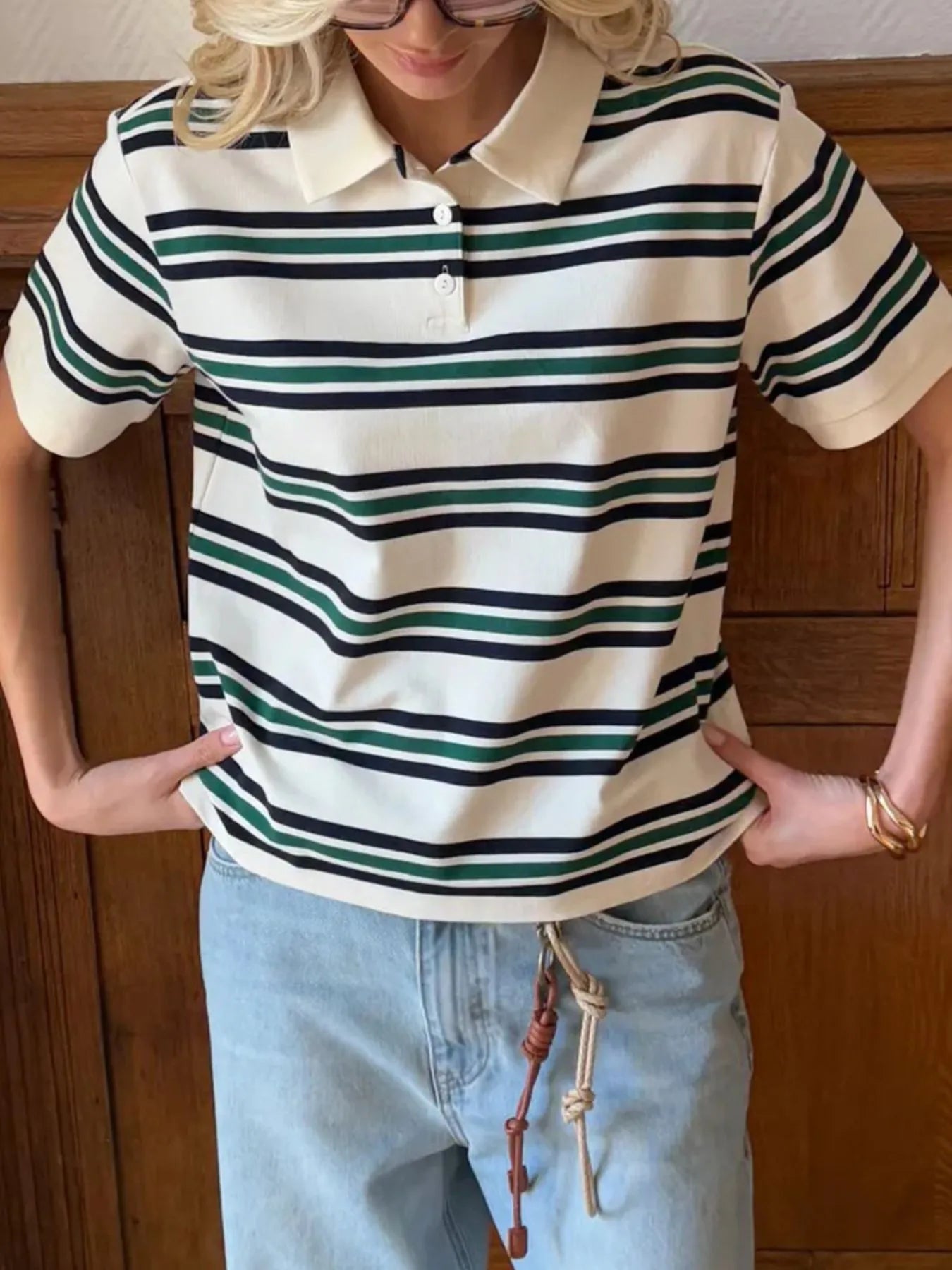 Sarah Express Women's Striped Polo T-Shirt with Contrast Collar