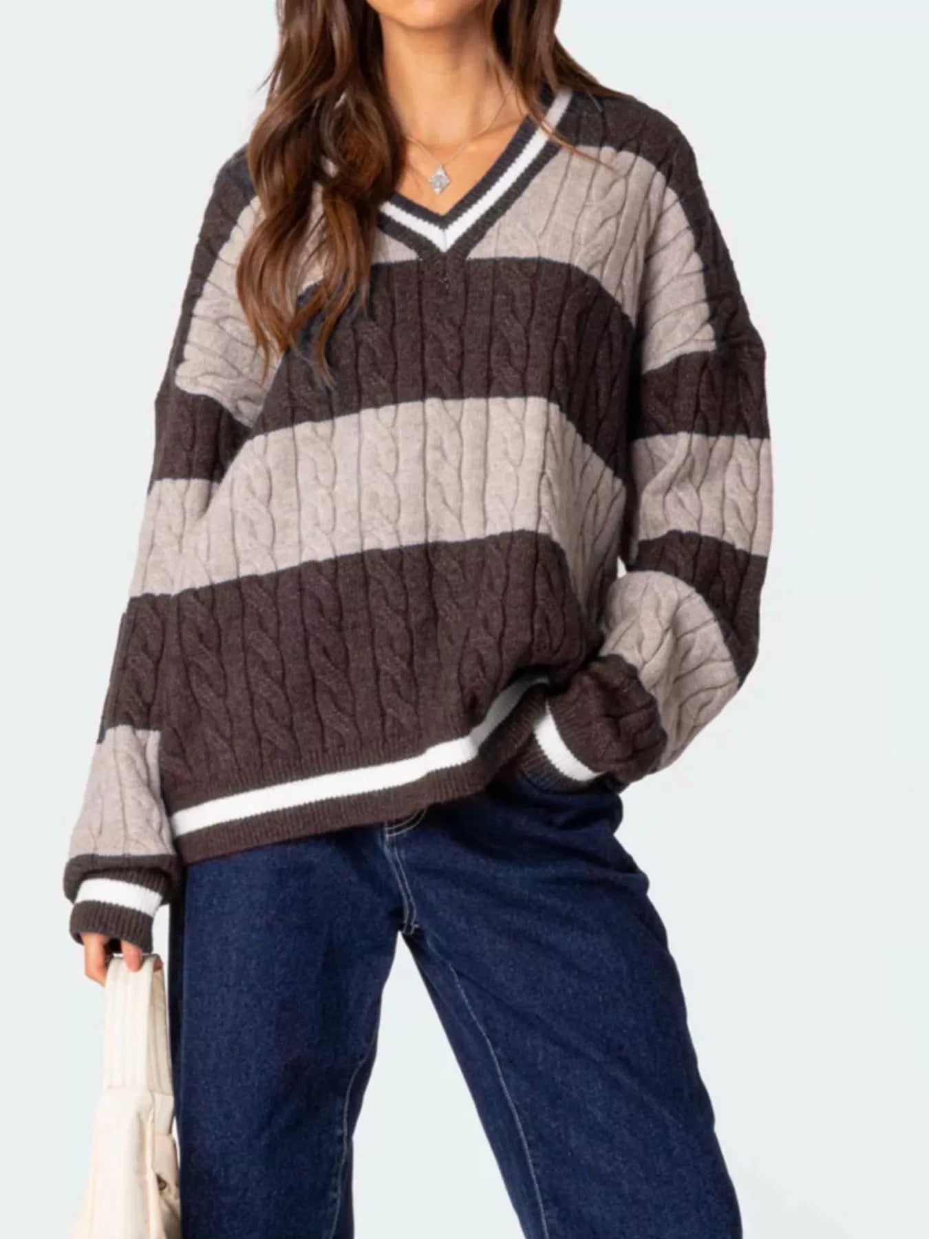 Sarah Express Women's Striped Cable Knit V-Neck Sweater - Oversized Fit