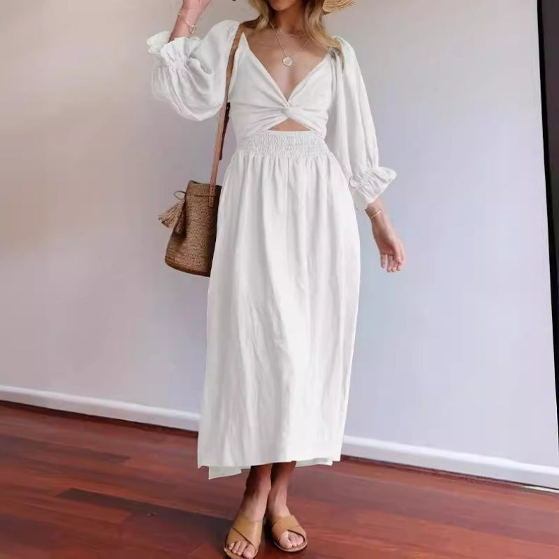 Women's Reversible V-Neck Dress Lantern Sleeve Mid-Length Polyester