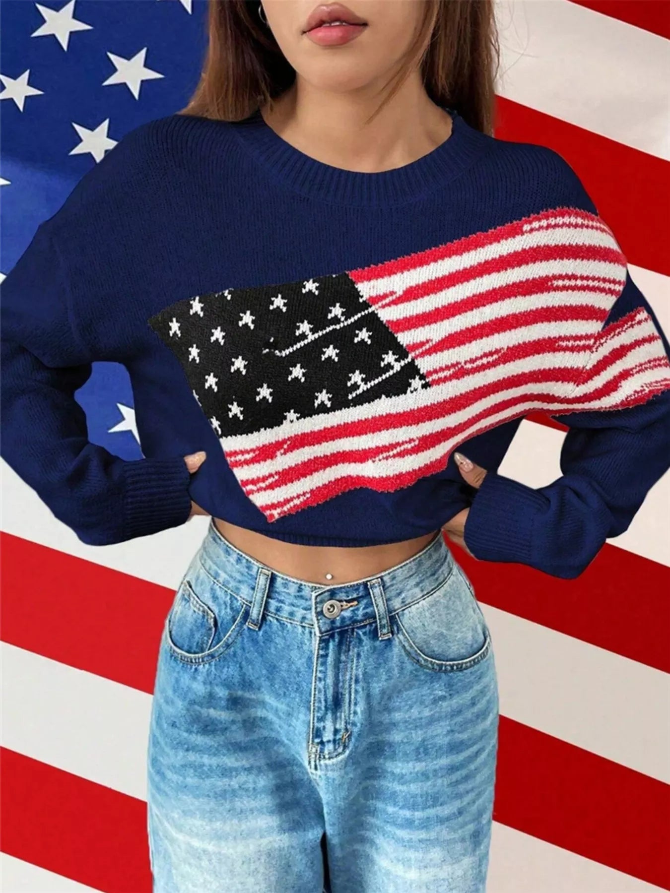 Sarah Express Women's US Flag Round Neck Long Sleeve Sweater