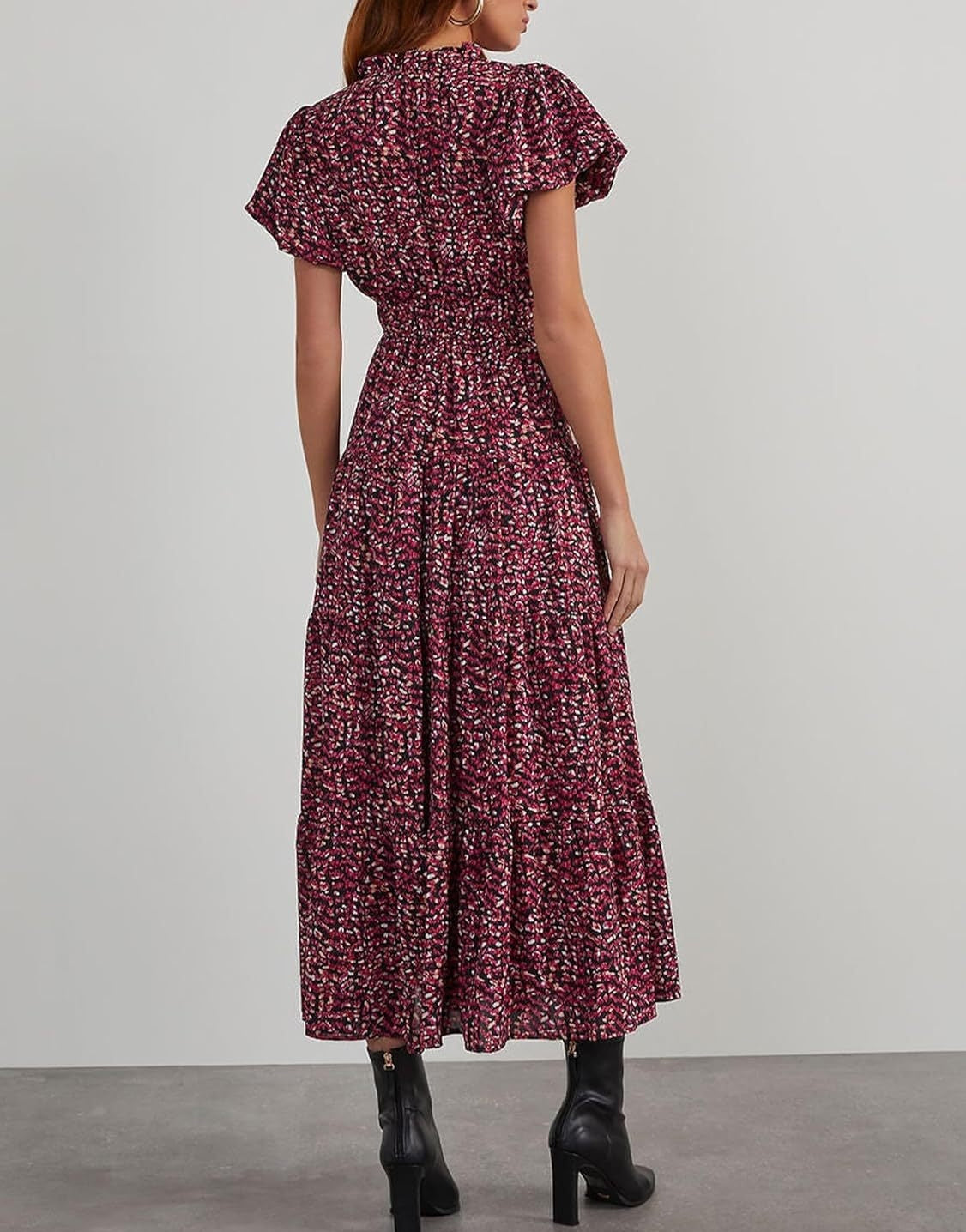 Floral V-Neck Bubble Pleated Maxi Dress Elastic Waist Short Sleeve