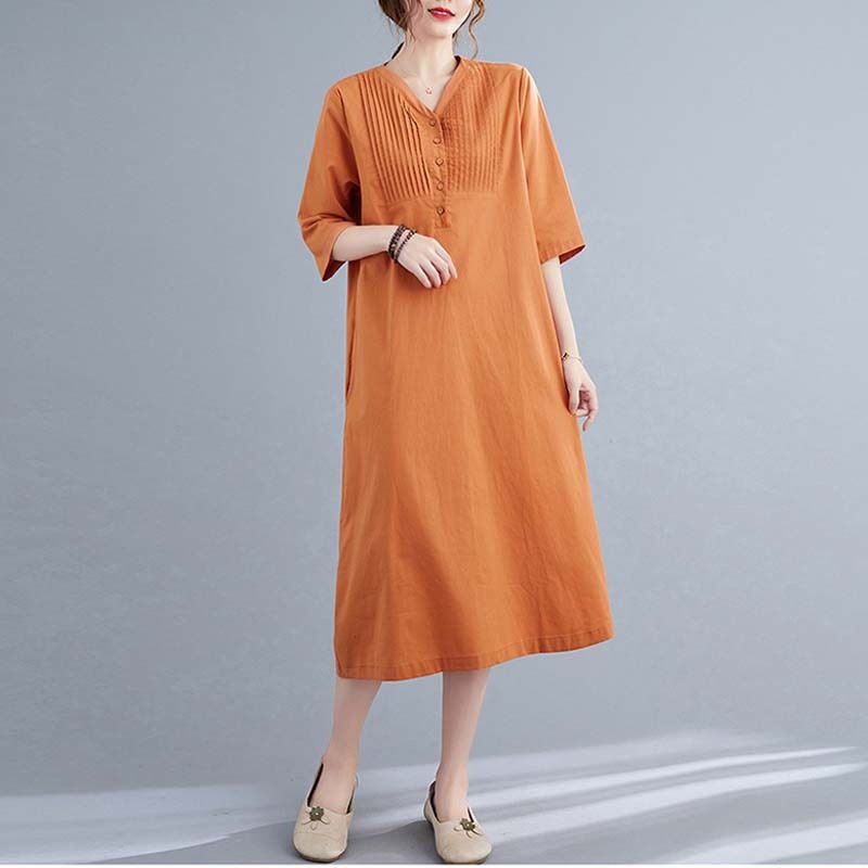 Cotton Linen V-Neck Midi Dress A-Line Retro