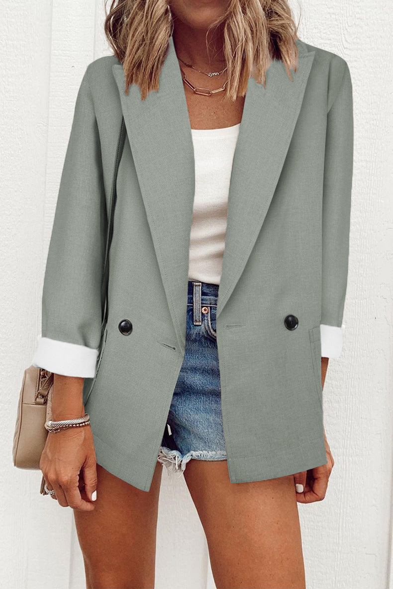 Women's Double-Breasted Blazer Loose Fit Suit Collar Long Sleeve Jacket