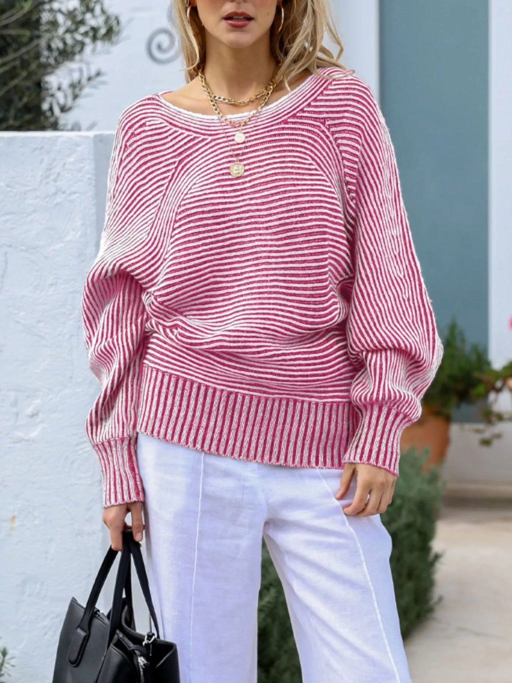 Sarah Express Women's Striped Boat Neck Casual Sweater