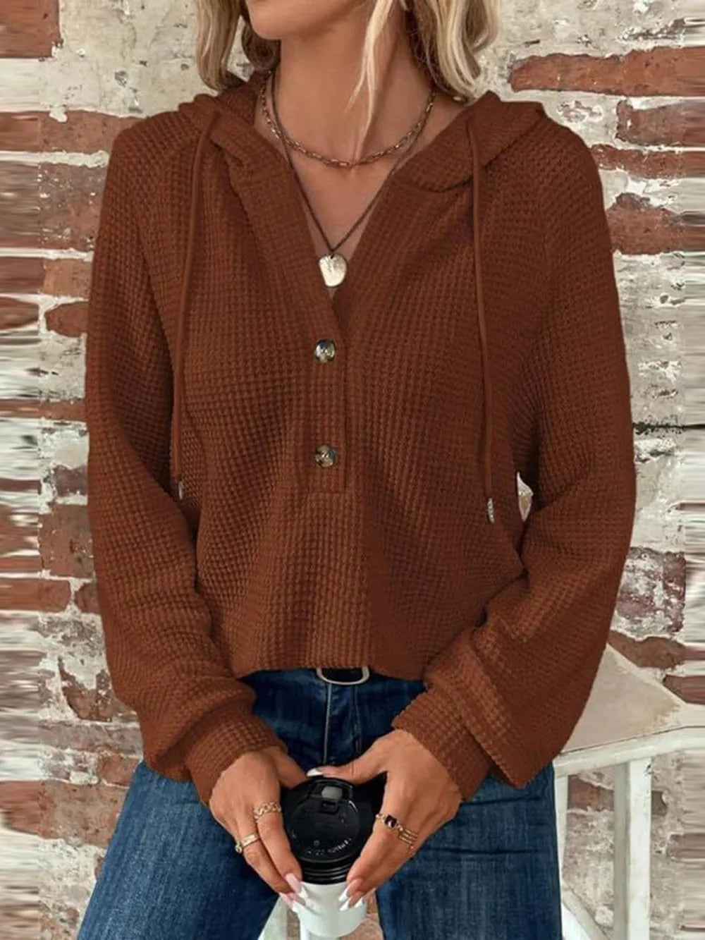 Sarah Express Women's Waffle Knit Long Sleeve Drawstring Hooded Top