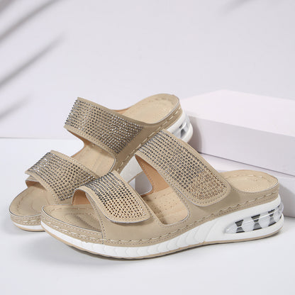 Sarah Express Women's Air Cushion Wedge Sandals – Rhinestone Embellished Beach Slides with Non-Slip Wedge Sole Beige