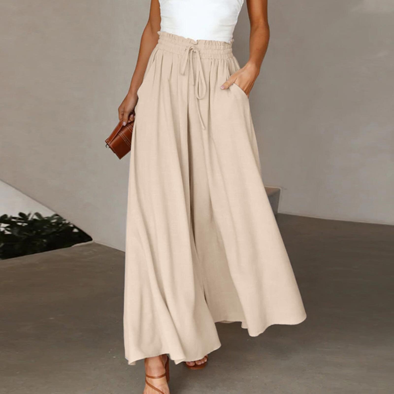 High Waist Wide Leg Dress Pants Elastic Waistband Full Length Trousers