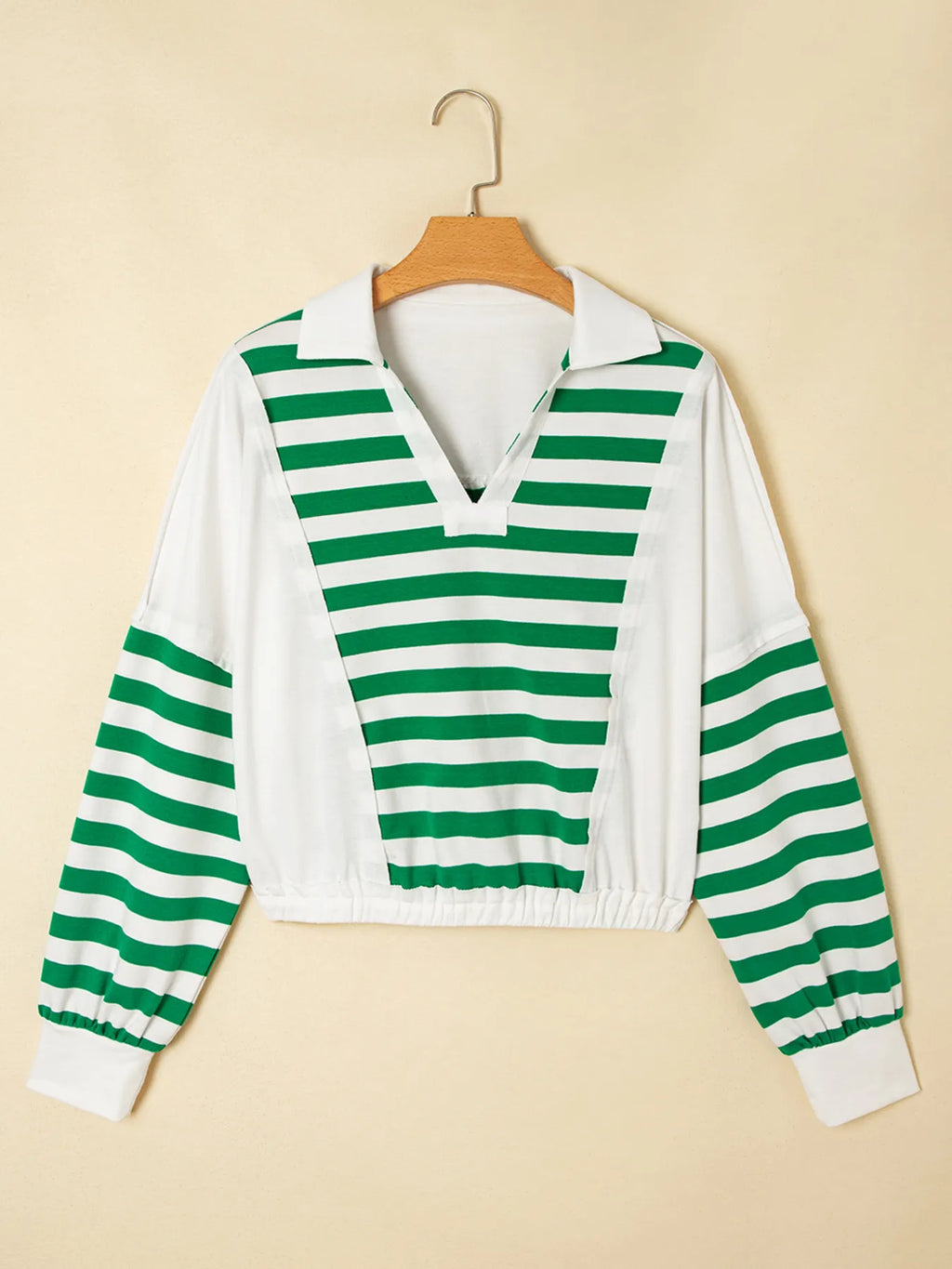 Sarah Express Women's Stripe Colorblock Collared V Neck Cropped Top