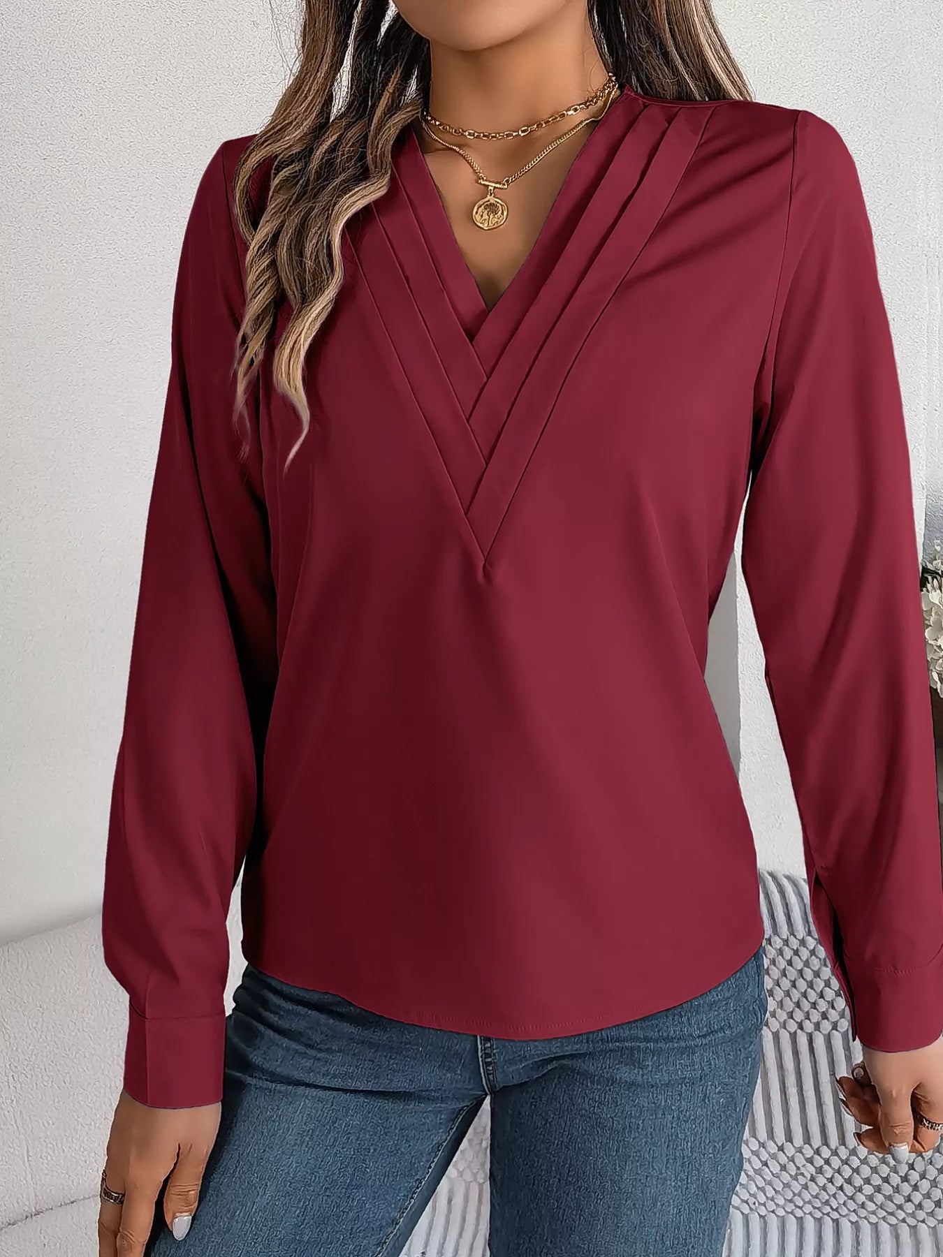 Sarah Express Women's Layered V-Neck Long Sleeve Blouse Burgundy
