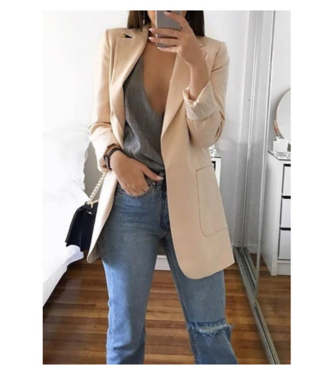Women's Lapel Blazer Cardigan Slim Fit Long Sleeve - Work Office Professional Medium Length