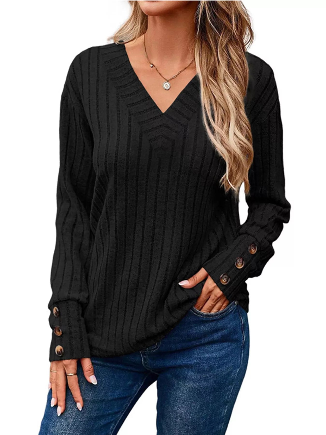 Sarah Express Women's Ribbed V-Neck Long Sleeve Top