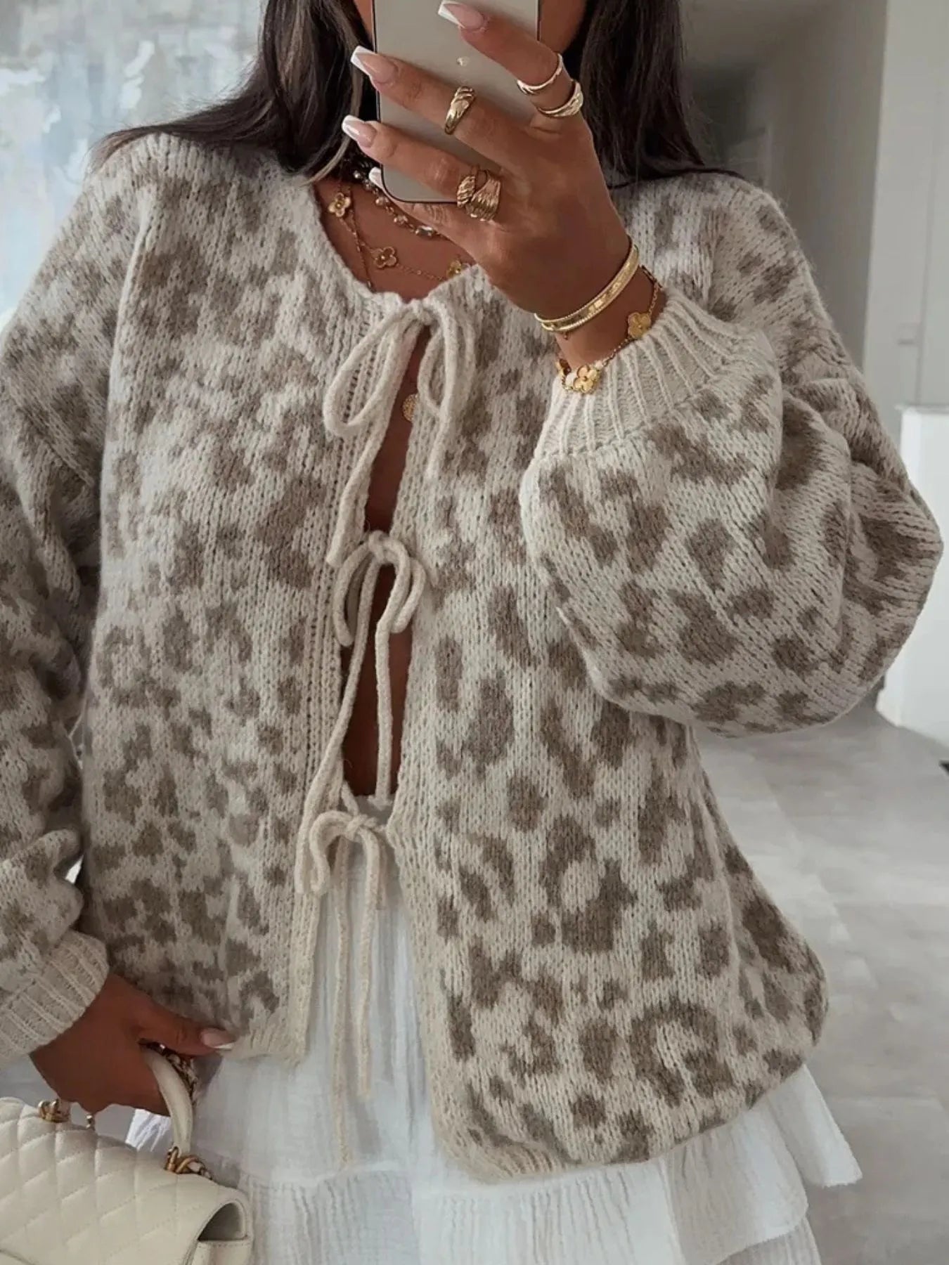 Sarah Express Women's Leopard Tie Front Cardigan Beige