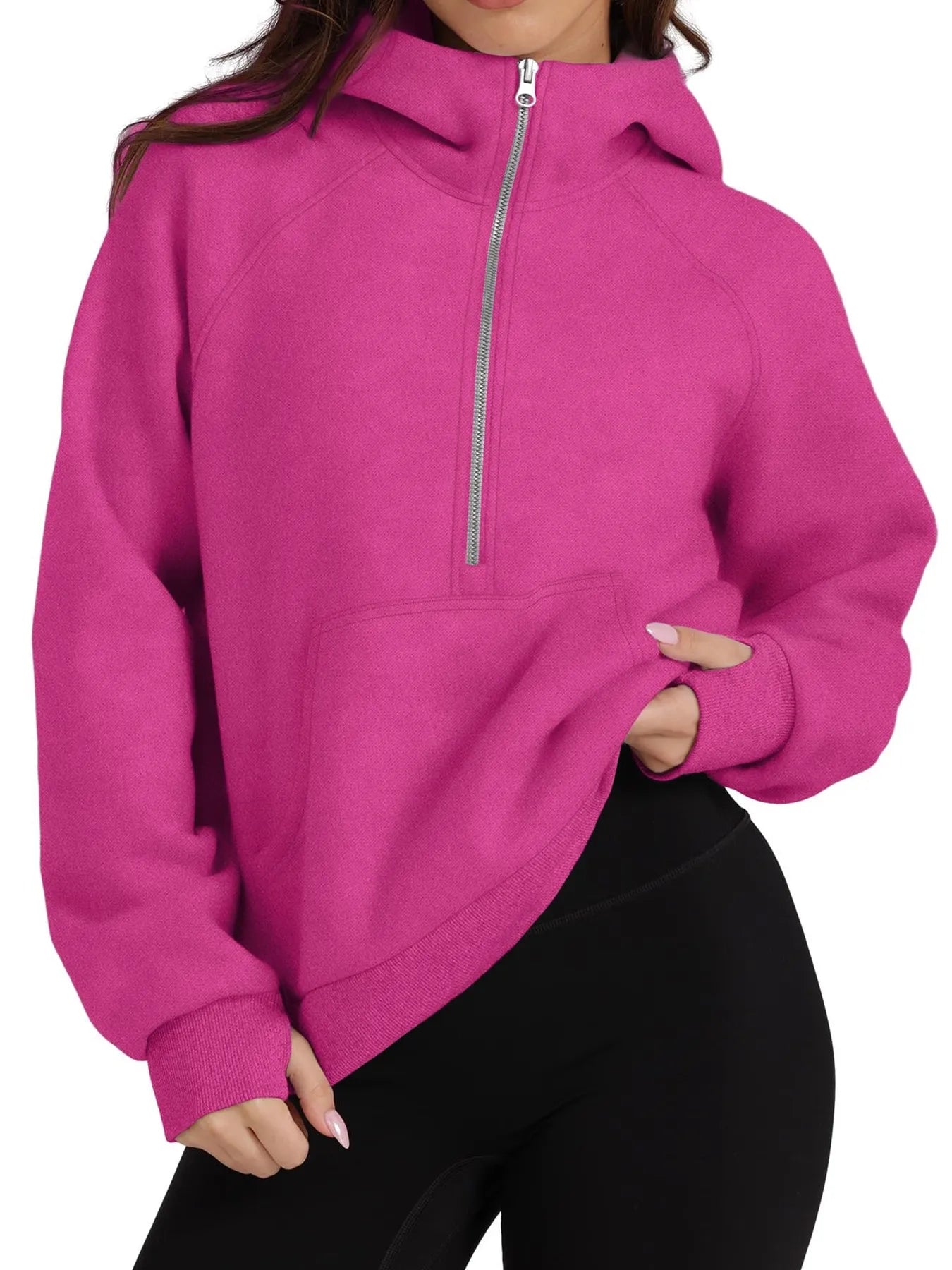 Sarah Express Women's Half-Zip Hoodie with Kangaroo Pocket - Casual Activewear Pullover Rose Red