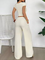 Sarah Express Women's Cutout Short Sleeve Top and Pants Set