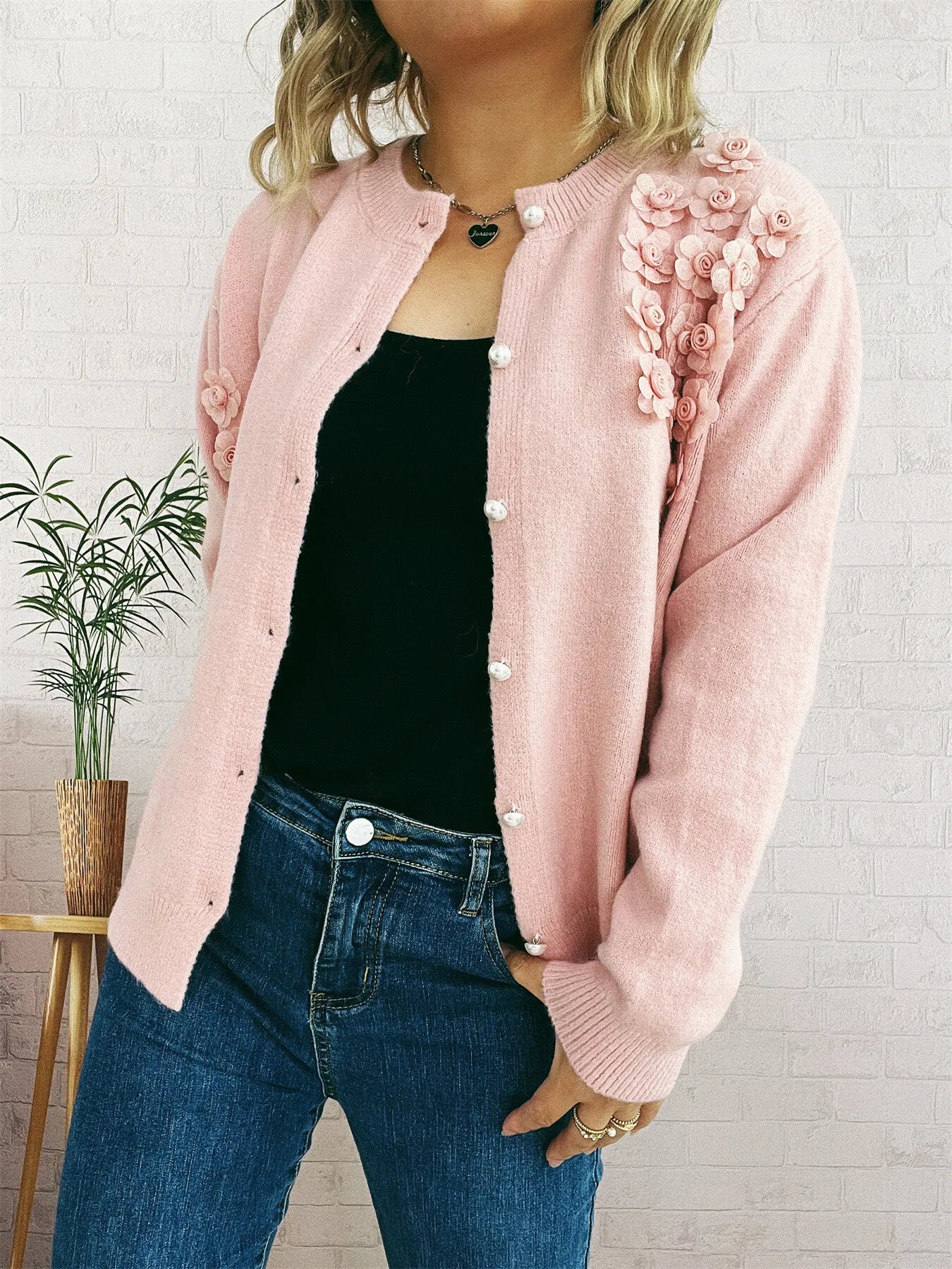 Sarah Express Women's Flower Button Up Long Sleeve Cardigan