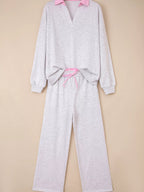 Sarah Express Women's Contrasted Trim Frilled Collar Drop Shoulder Top and Drawstring Pant Set