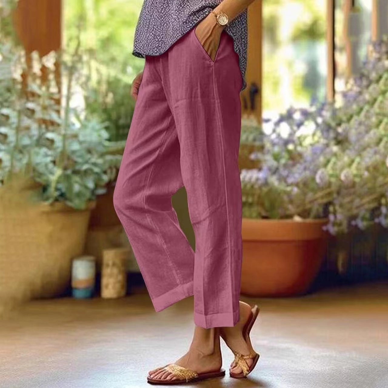 Women's Cotton Straight Leg Pants - Casual Mid-Waist Loose Fit Trousers