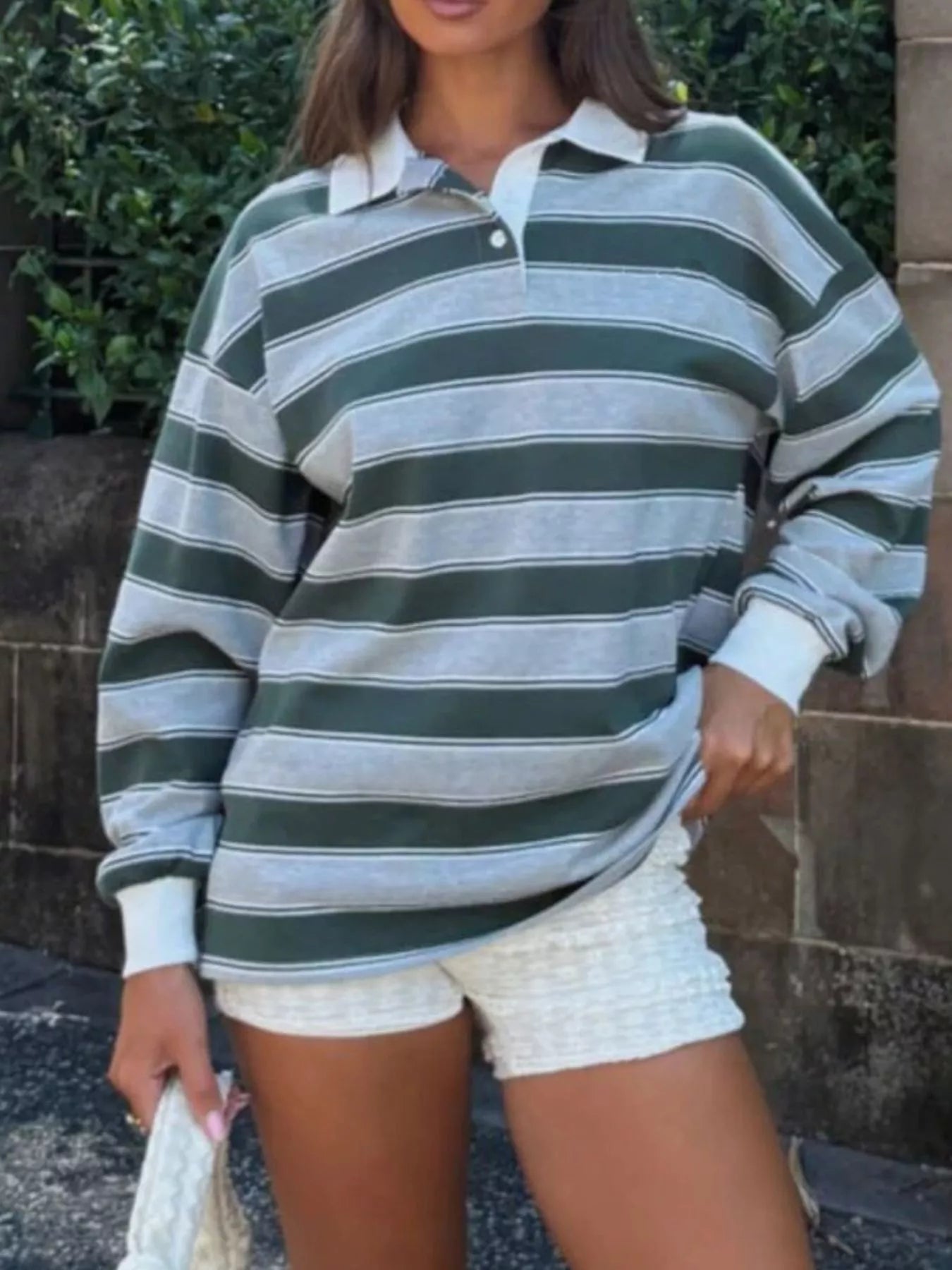 Sarah Express Women's Striped Button Detail Long Sleeve Polo